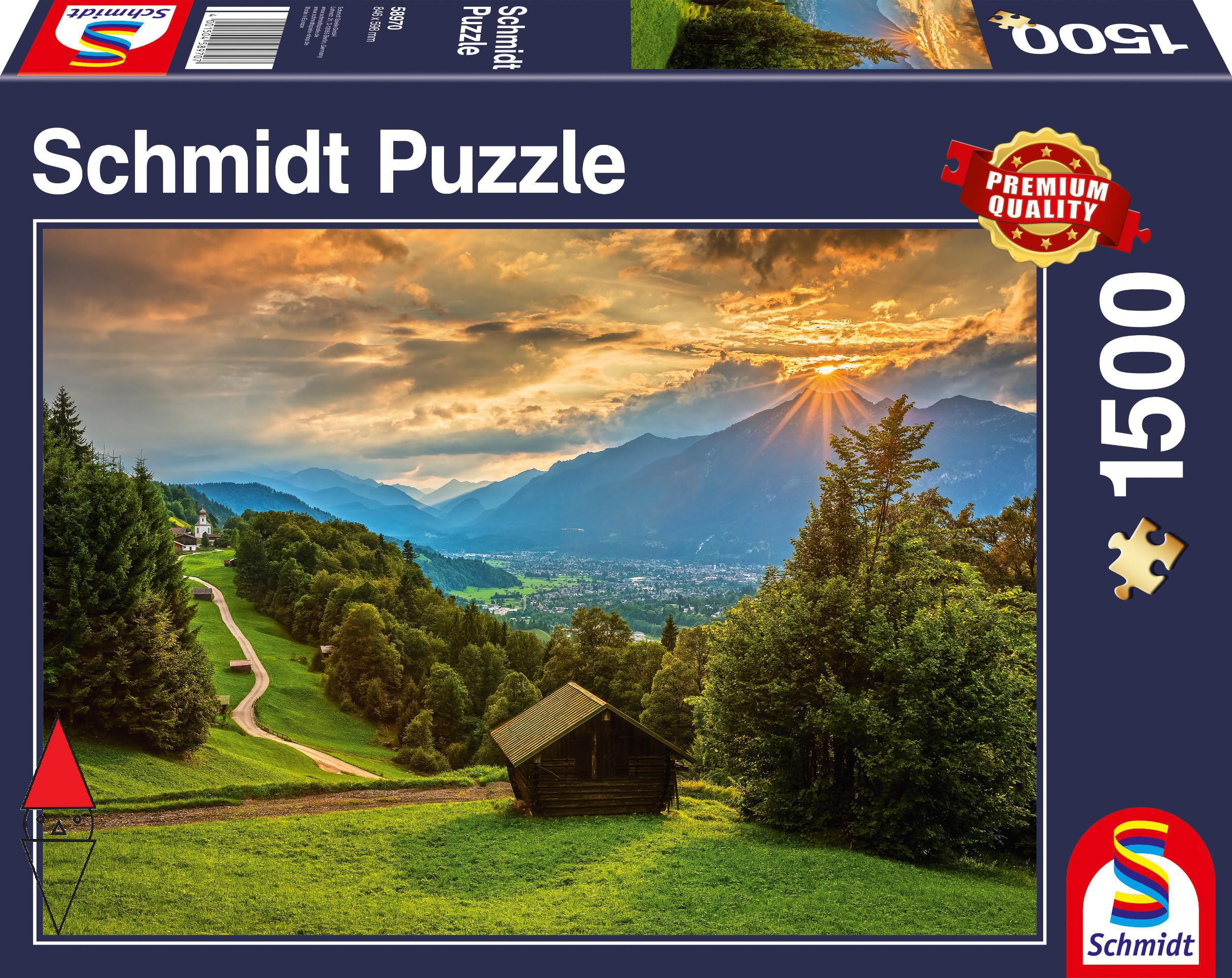 PUZZLE PAESAGGI SCHMIDT SUNSET OVER THE MOUNTAIN VILLAGE OF WAMBERG 1500 PZ  58970 Donkytoys