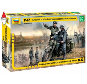 , , , ZVEZDA 1/35 R-12 GERMAN HEAVY MOTORCYCLE WITH RIDER AND OFFICER